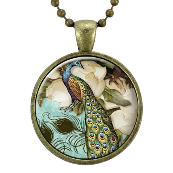 Collier de paon, pendentif d'art en verre de bijoux de paon de style victorien, bijoux ésotériques (0857B25MMBC)