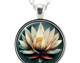 White Open Lotus Blossom Flower Art Pendant Necklace, Yoga Art Picture Charm