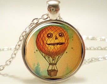 Halloween Necklace, Pumpkin Hot Air Balloon, Jack O Lantern Halloween Jewelry