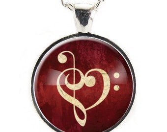 Red Music G-Clef Note Heart Charm Necklace, Gift For A Music Teacher Or Jazz Lover