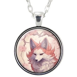 Cherry Blossom Fox Necklace, Red Fox Pendant Jewelry, Soft Pastel Forest Animal Gift, Mystical Woodland Art Accessory