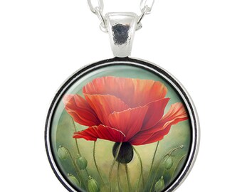 Red Poppy Pendant Necklace, August Birth Flower, Handmade Jewelry, Armed Forces Support And Remembrance, Botanical Gifts For Women