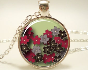 Sakura Cherry Blossom Necklace, Japanese Style Flower Pendant, Silver Plate (0467S1IN)