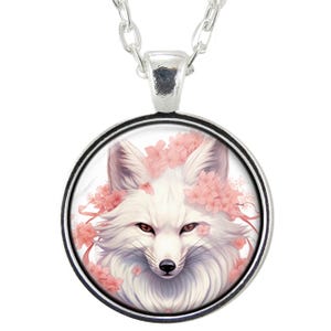 White Fox Pendant Necklace, Sakura Cherry Blossom Spirit Animal Jewelry, Mystical Nature Gift, Handmade Fantasy Fox Necklace