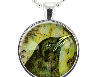 Raven Necklace, Black Crow Pendant, Gothic Halloween Jewelry (0818S25MMBC)