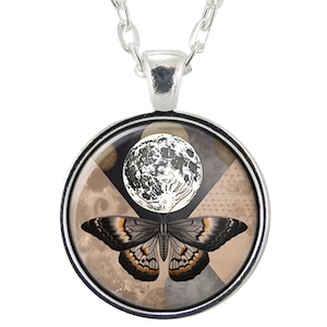 Lunar Moth Pendant Necklace, Moon Phases and Butterfly Art Jewelry, Handmade Celestial Gift for Nature and Moon Lovers