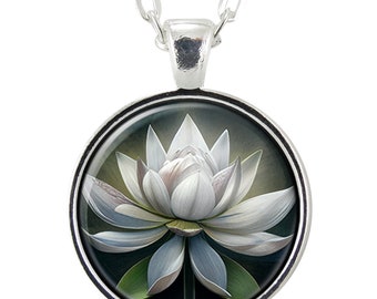 White Open Lotus Blossom Flower Art Pendant Necklace, Yoga Art Picture Charm