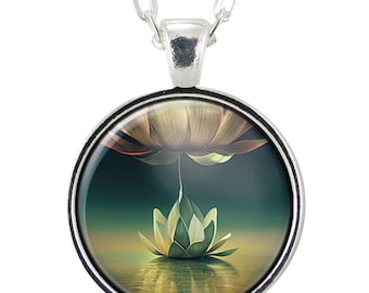 Open Lotus Blossom Flower Art Pendant Necklace, Yoga Art Picture Charm