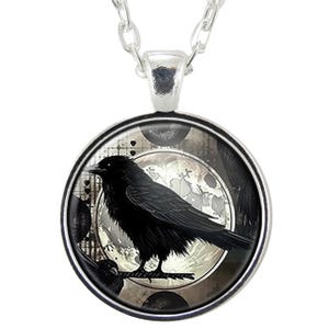 Raven Pendant Necklace, Gothic Moon Jewelry, Crow Art Necklace, Witchy Pagan Gift, Dark Forest Pendant