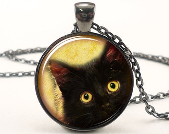 Cat Necklace, Cute Halloween Jewelry, Black Kitty Pendant (1666G1IN)