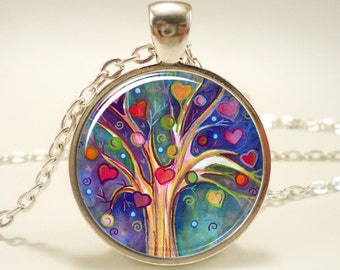 Christmas Gift For Her, Tree Pendant, Whimsical Illustration Tree And Heart Necklace (0677S1IN)