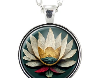 White Open Lotus Blossom Flower Art Pendant Necklace, Yoga Art Picture Charm