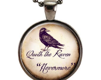 Quoth The Raven Necklace, Edgar Allan Poe Nevermore, Goth Jewelry, Halloween Crow Pendant (2648G25MMBC)