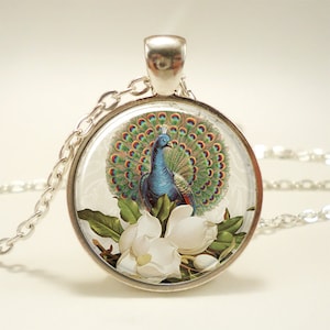 Peacock Necklace, Victorian Style Peacock Jewelry Glass Art Pendant (1450S1IN)