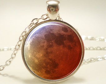 Red Harvest Moon Necklace, Full Moon Galaxy Jewelry, Red Moon Pendant (1389S1IN)