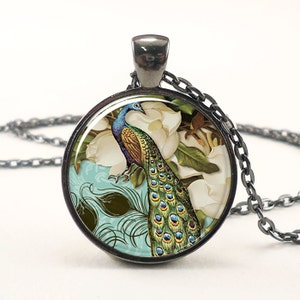 Peacock Necklace, Victorian Style Peacock Jewelry Glass Art Pendant (0857G1IN)
