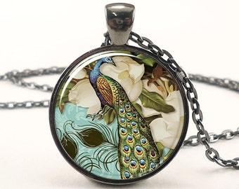 Peacock Necklace, Victorian Style Peacock Jewelry Glass Art Pendant (0857G1IN)