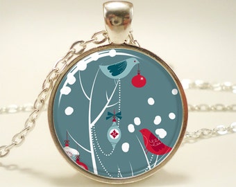 Bird Christmas Necklace, Xmas Hostess Gift, Festive Holiday Jewelry (1332S1IN)