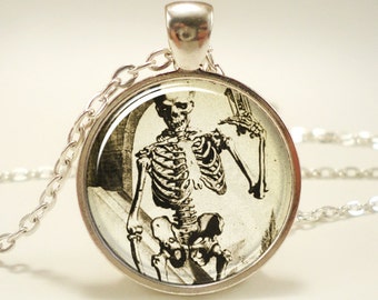 Skeleton Necklace, Halloween Pendant, Gothic Jewelry, Silver Plate (0380S1IN)