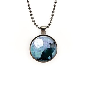 Black Cat Necklace, Halloween Cat With Full Moon Pendant, Blue Goth Jewelry 0876G25MMBC image 2