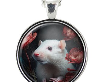 White Rat With Red Eyes Necklace Pendant, Mouse Lover Gifts For Her, Gothic Inspired Witchy Jewelry, Rodent Statement Piece
