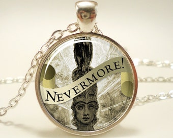 Bookish Gifts Edgar Allan Poe Necklace, Nevermore, Book Quote Necklace, Halloween Necklace, Gothic Jewelry, Silver Plate