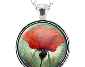 Red Poppy Pendant Necklace, August Birth Flower, Handmade Jewelry, Armed Forces Support And Remembrance, Botanical Gifts For Women