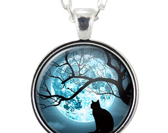 Black Cat Silhouette Moon Necklace Pendant, Cat Lover Gifts For Her, Gothic Inspired Cat Mom Witchy Jewelry, Halloween Witch Accessories