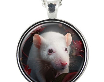 White Rat With Red Eyes Necklace Pendant, Mouse Lover Gifts For Her, Gothic Inspired Witchy Jewelry, Rodent Statement Piece