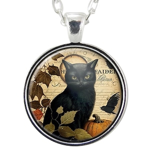 Black Cat Pendant Necklace, Autumn Witch Cat Jewelry, Halloween Pumpkin Art Gift, Handmade Fall Gothic Necklace