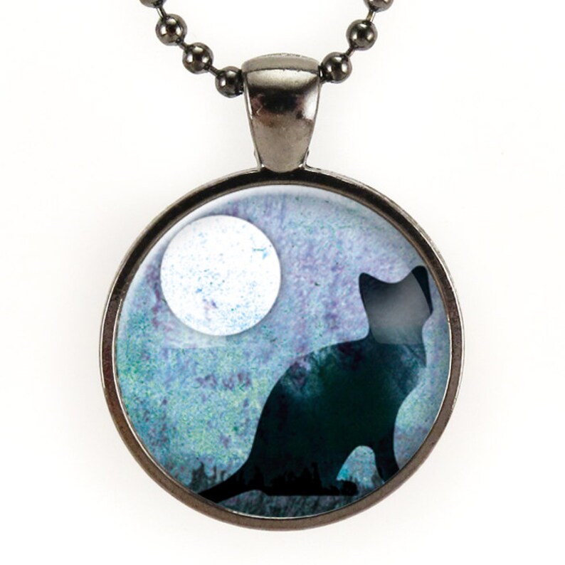 Black Cat Necklace, Halloween Cat With Full Moon Pendant, Blue Goth Jewelry 0876G25MMBC image 1