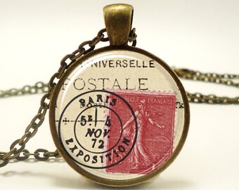 Stamp Paris France Necklace, Vintage Style French Art Pendant, Bronze (0446B1IN)