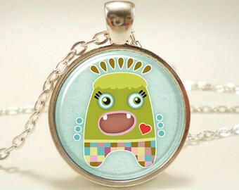 Love Monster Necklace, Cute Kawaii Kids Jewelry, Great Valentines Day Gift, Silver Plate (0488S1IN)
