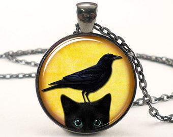 Cat And Crow Necklace, Cute Halloween Jewelry, Black Raven Pendant (1667G1IN)