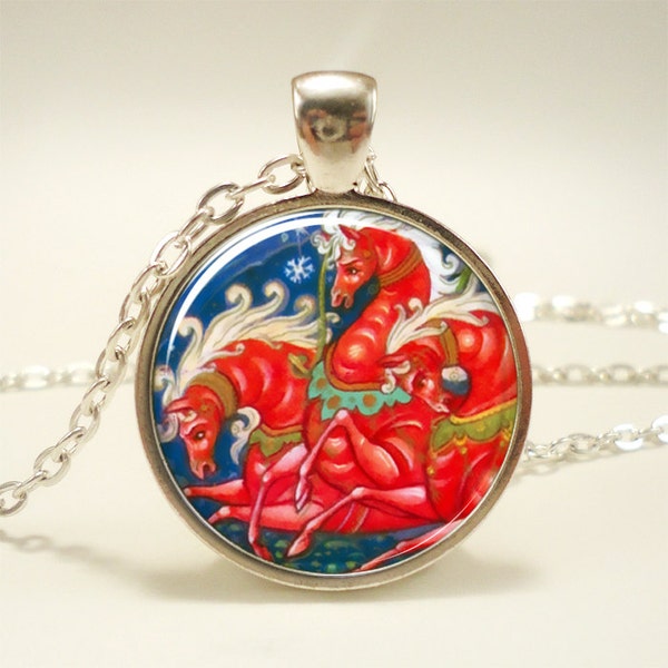 Christmas Necklace, Horse Jewelry, Russian Art Pendant (1249S1IN)
