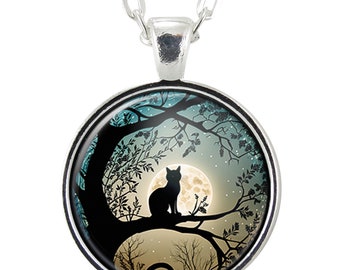 Black Cat Silhouette Moon Necklace Pendant, Cat Lover Gifts For Her, Gothic Inspired Cat Mom Witchy Jewelry, Halloween Witch Accessories