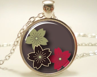 Sakura Cherry Blossom Necklace, Japanese Style Flower Pendant, Silver Plate (0470S1IN)