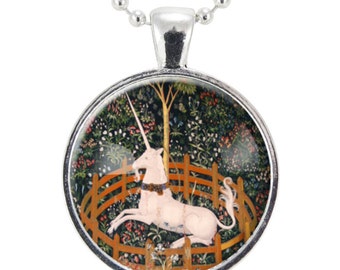 Unicorn Necklace, The Hunt of the Unicorn,  Medieval Style Art Pendant, Silver Plate (0528S25MMBC)