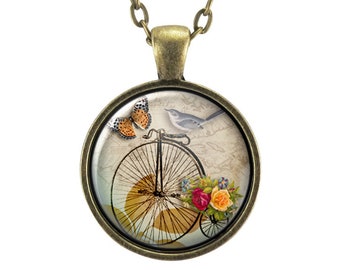 Penny Farthing Bicycle Necklace With Bird, Hipster Vintage Style Bike Pendant, Bronze