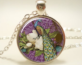 Peacock Necklace, Victorian Style Peacock Jewelry Glass Art Pendant (1449S1IN)