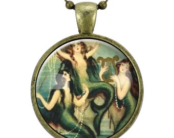 Mermaid Jewelry, Fantasy Painting Necklace, Girlfriend Gift, Art Pendant (0428B25MMBC)