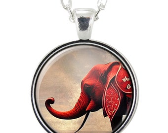 Red Lucky Elephant Necklace Pendant, Upturned Trunk Lucky Charm Jewelry