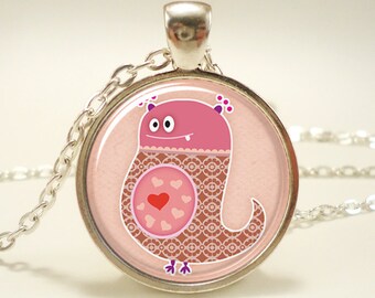 Love Monster Necklace, Cute Kawaii Kids Jewelry, Great Valentines Day Gift, Silver Plate (0486S1IN)