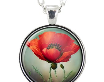 Red Poppy Pendant Necklace, August Birth Flower, Handmade Jewelry, Armed Forces Support And Remembrance, Botanical Gifts For Women