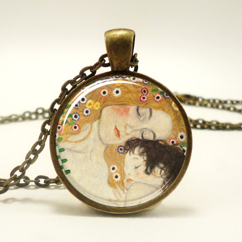 Mother and Child by Gustav Klimt Necklace, Art Pendant, Bronze 0453B1IN image 1