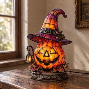 May include: A stained glass table lamp shaped like a jack-o'-lantern wearing a purple and orange witch hat. The lamp features a carved pumpkin face, a small hanging lantern on the side, and a base decorated with sculpted autumn leaves.