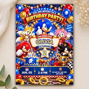 May include: A rectangular birthday party invitation featuring Sonic the Hedgehog, Tails, Amy Rose, Knuckles, and Shadow. The text reads: YOU ARE INVITED TO A BIRTHDAY PARTY! OUR SUPER STAR OLIVIA IS TURNING 2. JAN, 05, 2-4 PM, 123 ANY ST., ANY CITY, ANY STATE.
