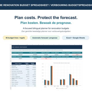 Op de afbeelding: Een tweetalig budgetspreadsheet voor woningrenovatie voor Excel en Google Sheets. De interface bevat een dashboard met 50 budgetregels, automatische prognoses en een staafdiagram. Tekst bevat: Home Renovation Budget Spreadsheet.
