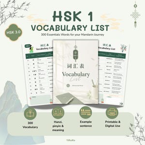 May include: A digital HSK 1 vocabulary list study guide featuring three pages of Mandarin Chinese words with pinyin and English meanings. The document includes a cover page with a hanging ornament graphic and two interior pages with tables.