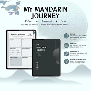 May include: A digital and printable reflective journal titled My Mandarin Journey. The journal features a monthly reflection page with sections for learning, wins, and challenges, alongside a dark cover with the text My Mandarin Journey and Chinese characters.